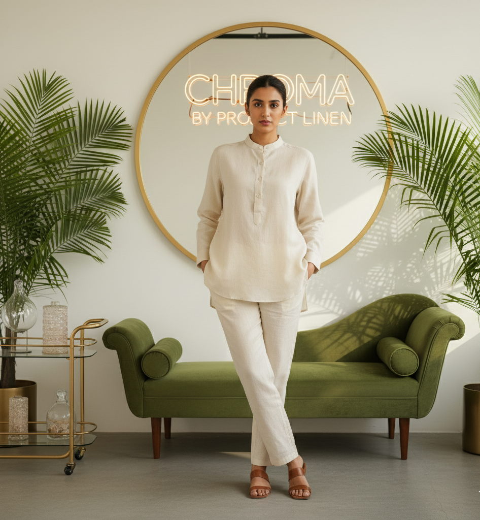 Beige Band Collar Kurta Shirt - Her's