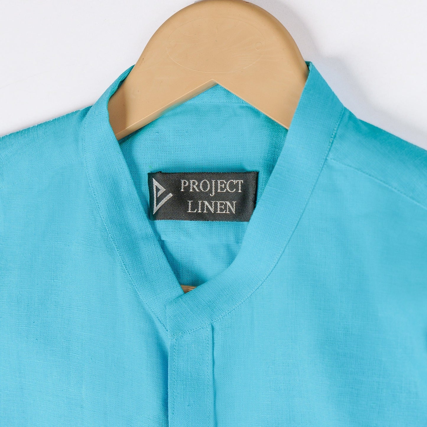 Turquoise Blue Band Collar Linen Shirt - Her's