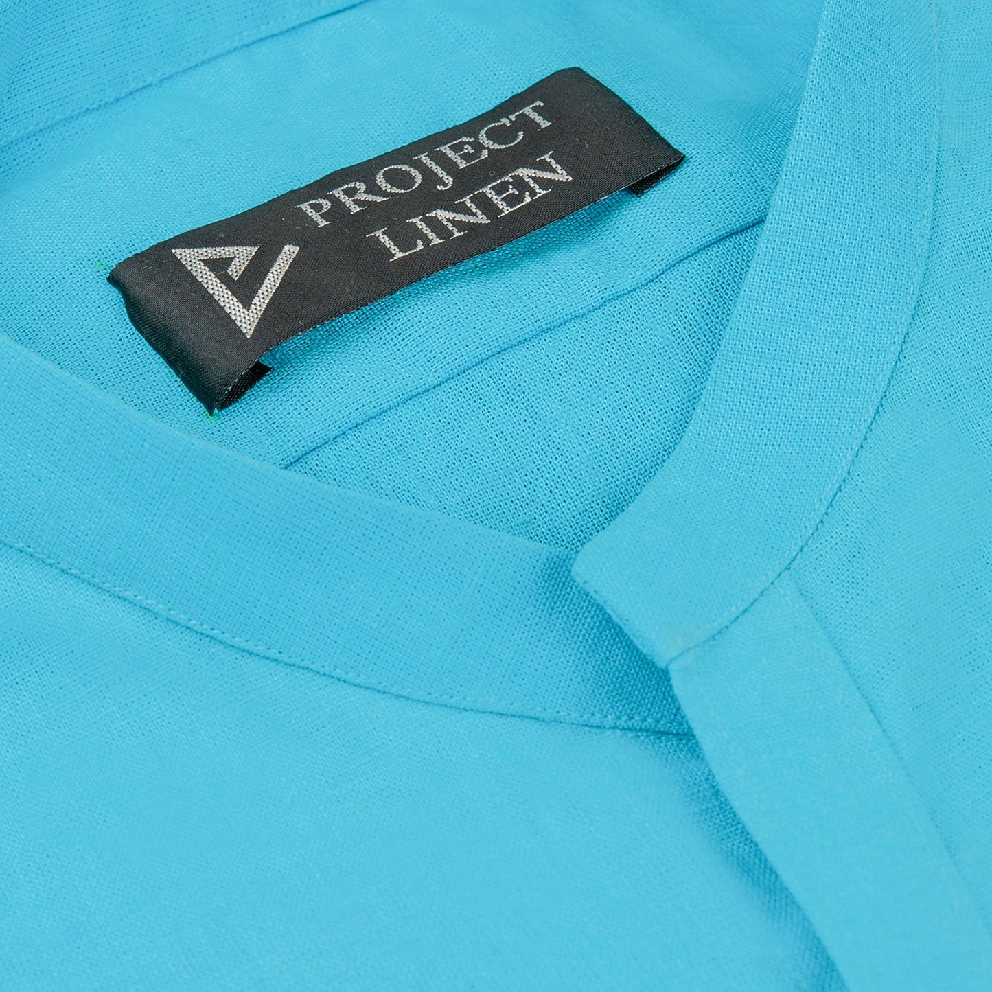 Turquoise Blue Band Collar Linen Shirt - Her's