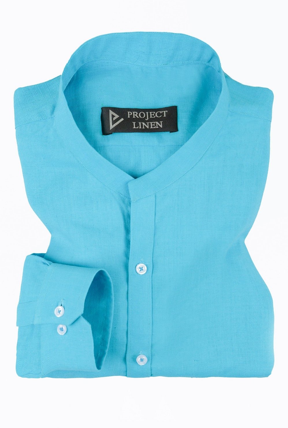 Turquoise Blue Band Collar Linen Shirt