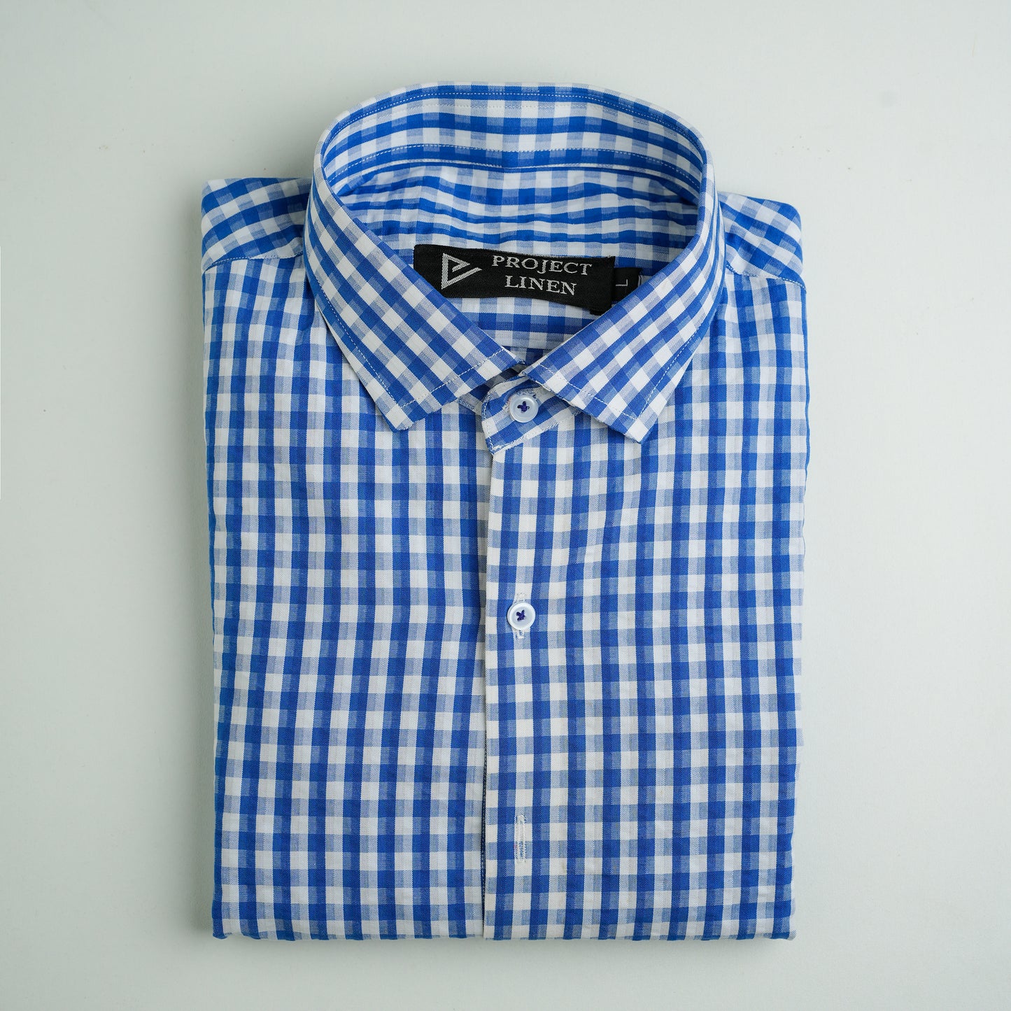 Royal Blue White Check Seersucker Linen Shirt - Her's