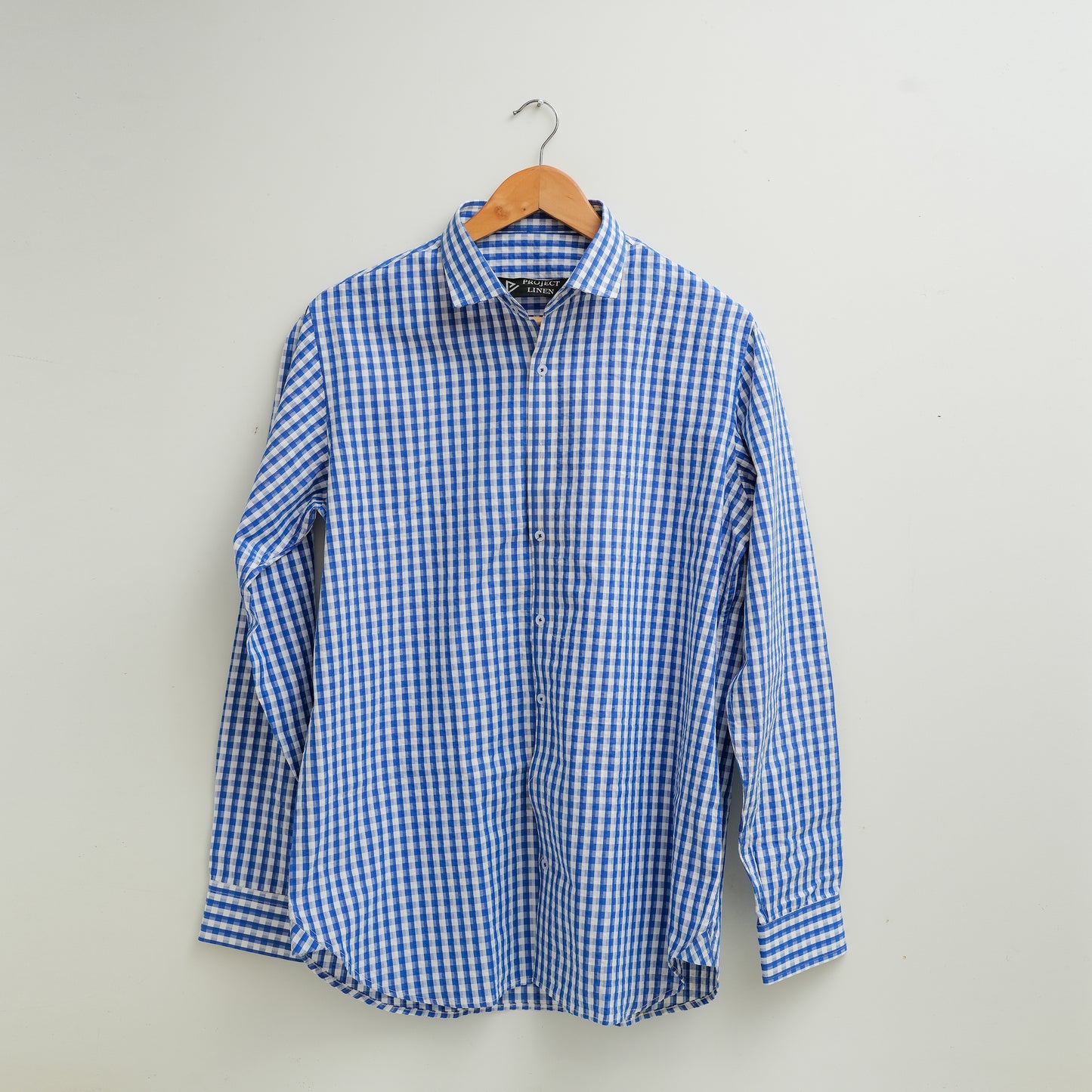 Royal Blue White Check Seersucker Linen Shirt - Her's