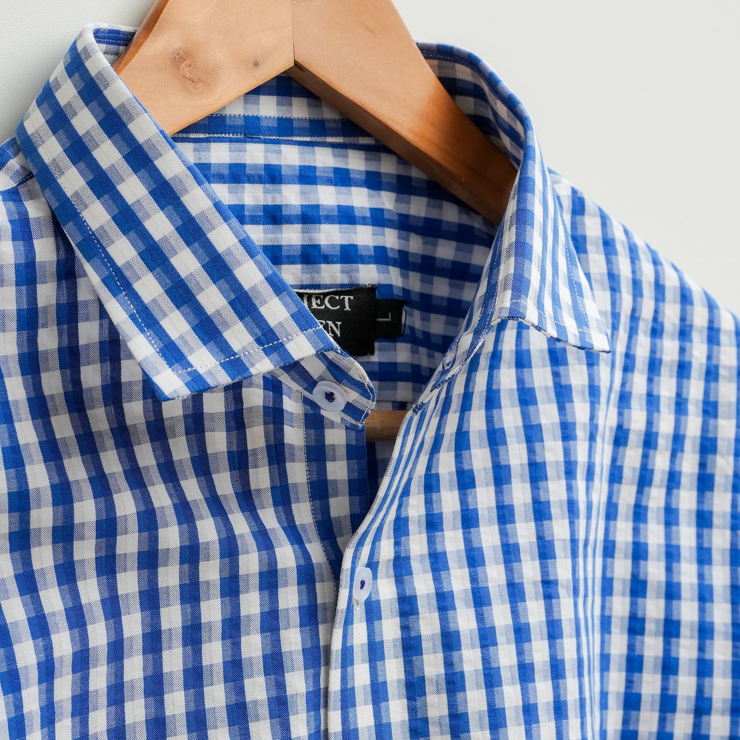 Royal Blue White Check Seersucker Linen Shirt - Her's