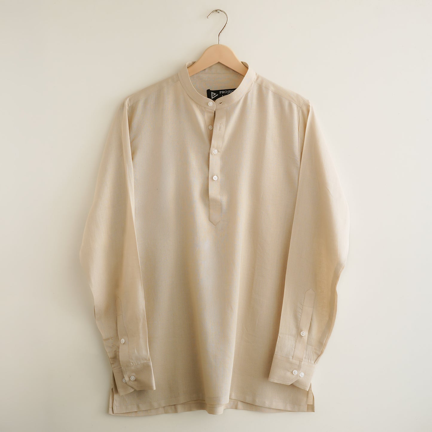 Beige Band Collar Kurta Shirt