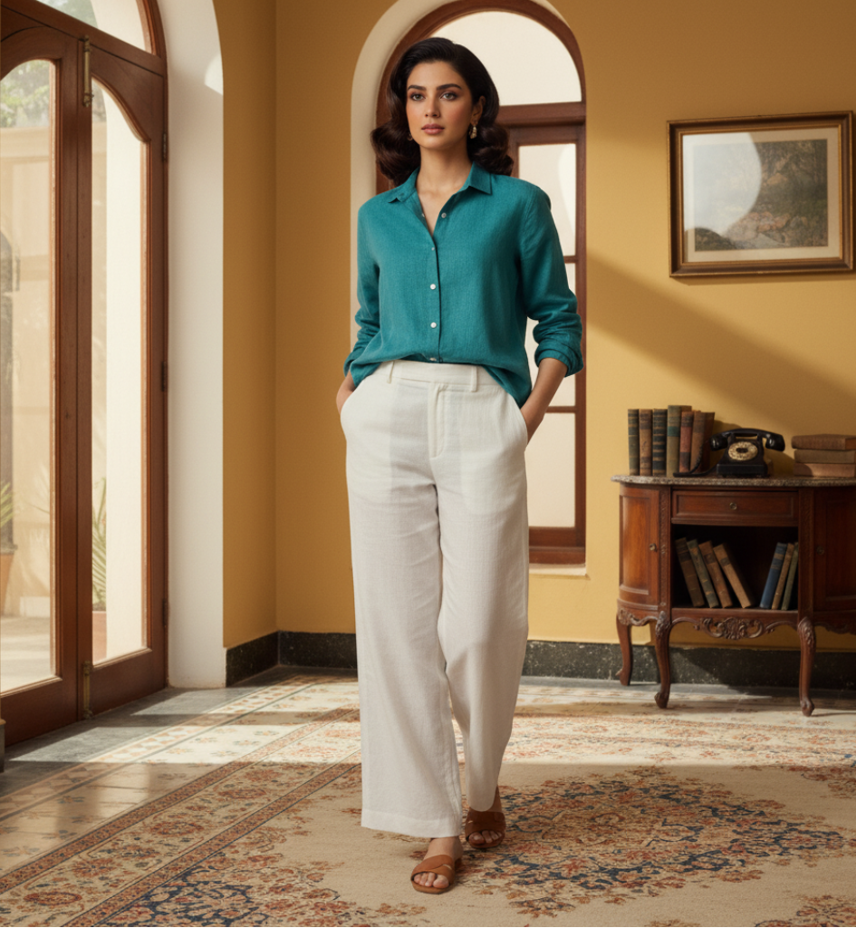 Woman in teal shirt and white pants standing in a sunlit room with yellow walls and a wooden desk.