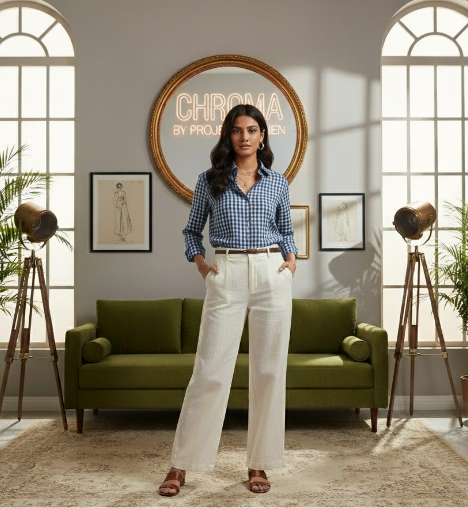 Navy Blue White Check Seersucker Linen Shirt - Her's