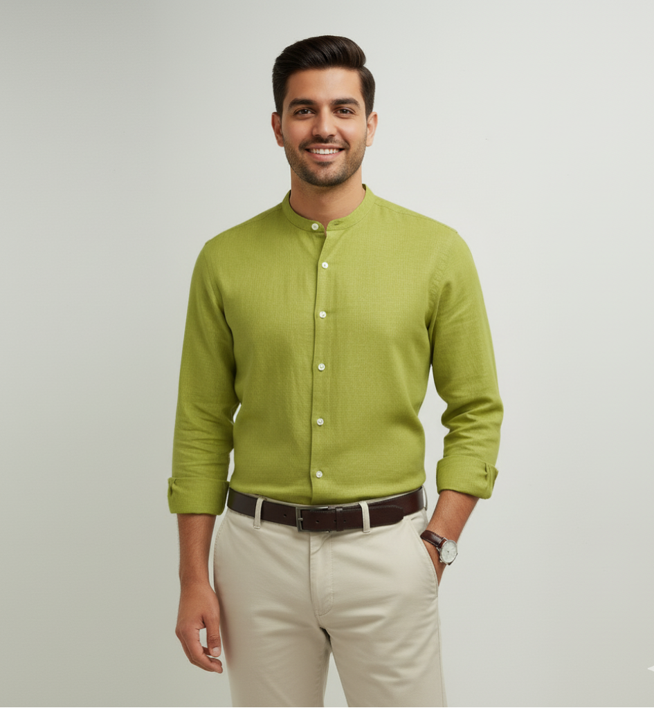 Verdant Grace Mandarin Linen Shirt