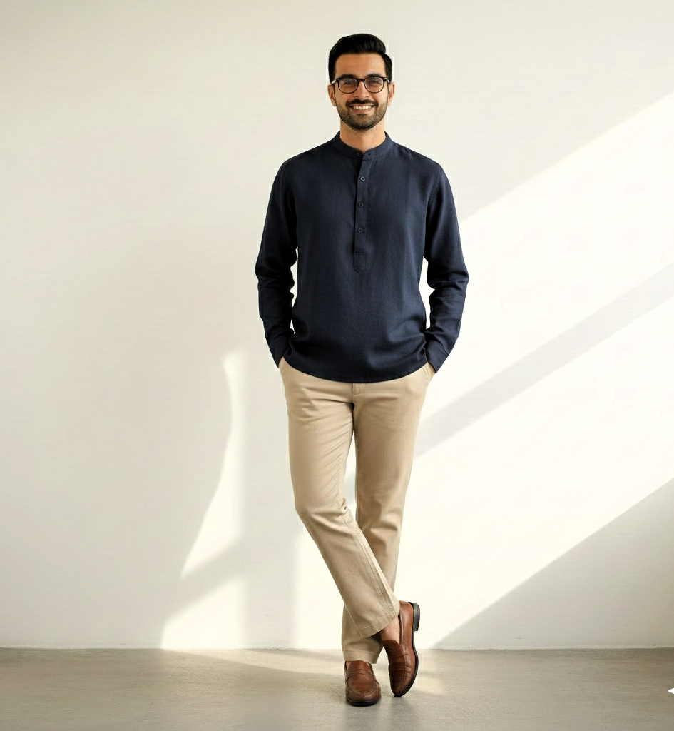 Blue Band Collar Kurta Shirt