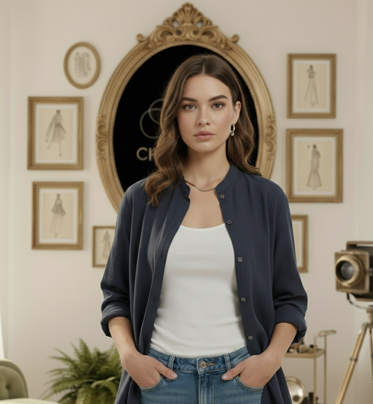 Navy Blue Mandarin Linen Shirt - Her's