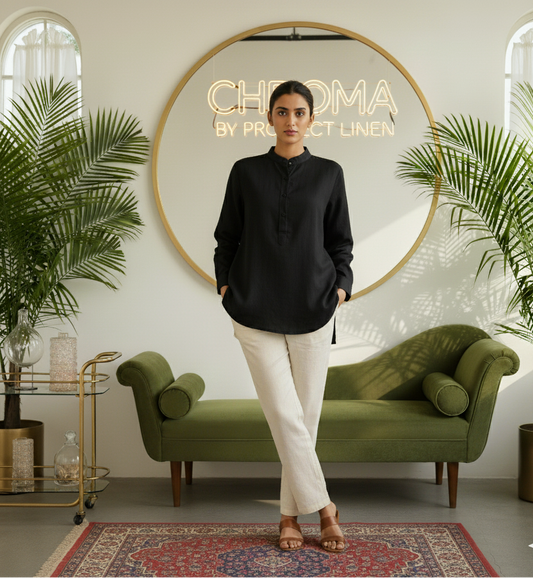 Black Band Collar Kurta Shirt - Her's