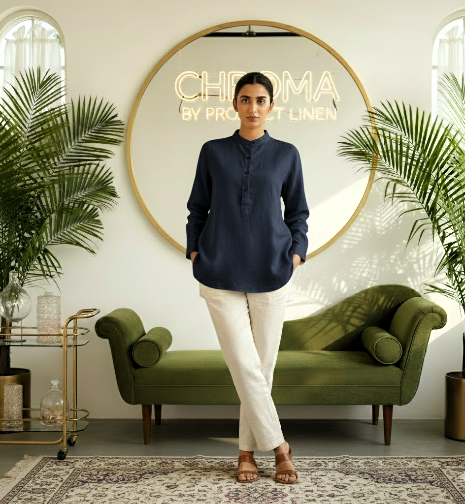 Blue Band Collar Kurta Shirt - Her's