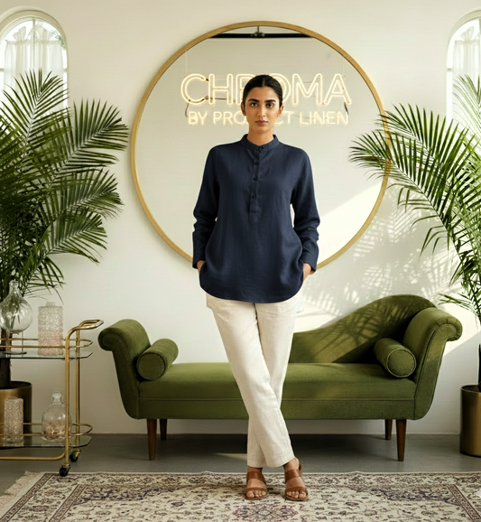 Blue Band Collar Kurta Shirt - Her's