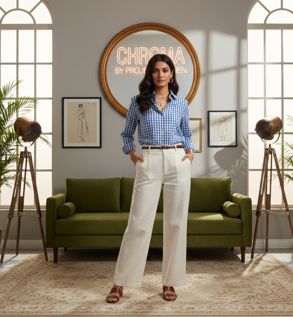 Royal Blue White Check Seersucker Linen Shirt - Her's