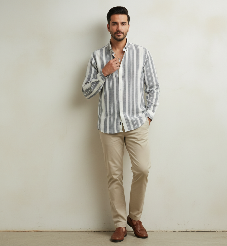 Grey Bold Striped Linen Shirt
