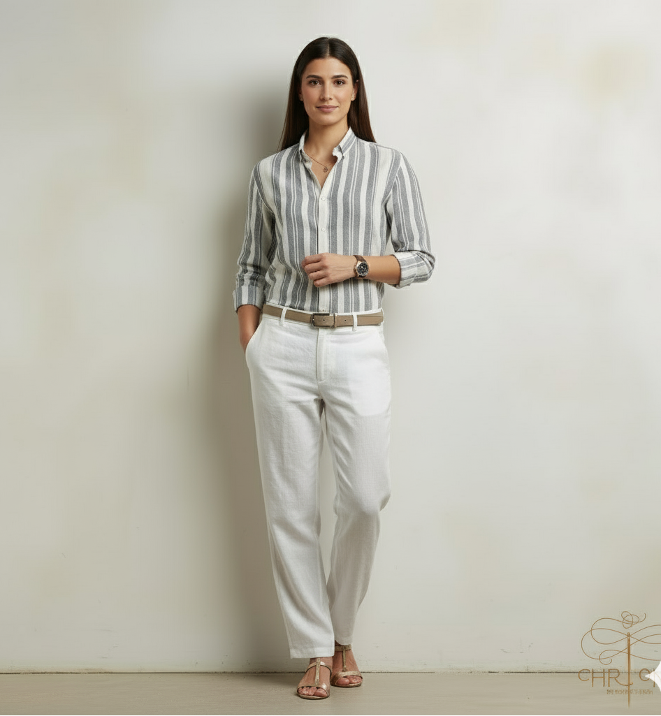 Grey Bold Striped Linen Shirt - Her's