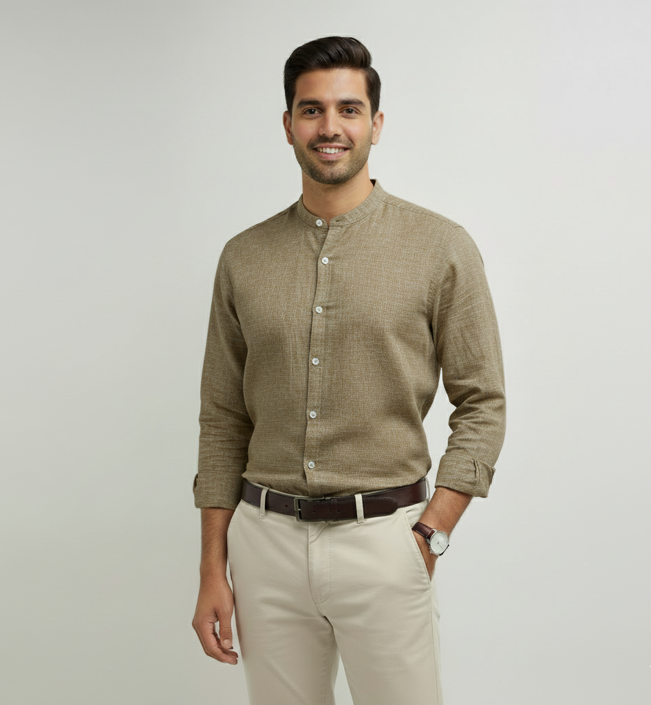 Olive Breeze Mandarin Linen Shirt