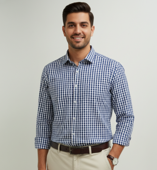 Navy Blue White Check Seersucker Linen Shirt