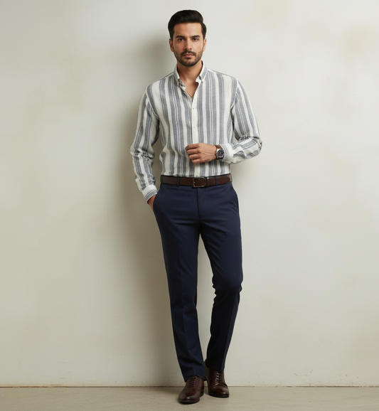 Grey Bold Striped Linen Shirt