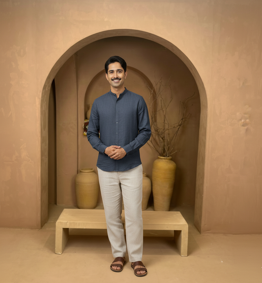 Navy Blue Mandarin Linen Shirt