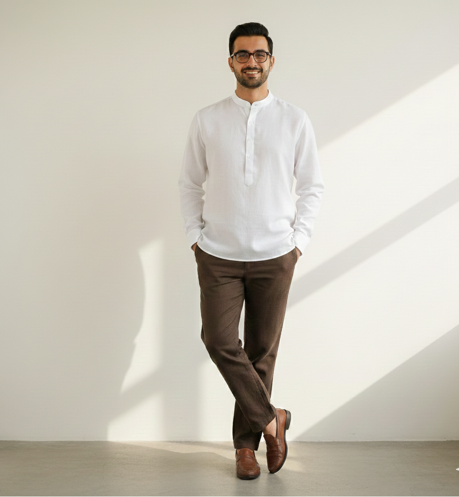 White Band Collar Kurta Shirt
