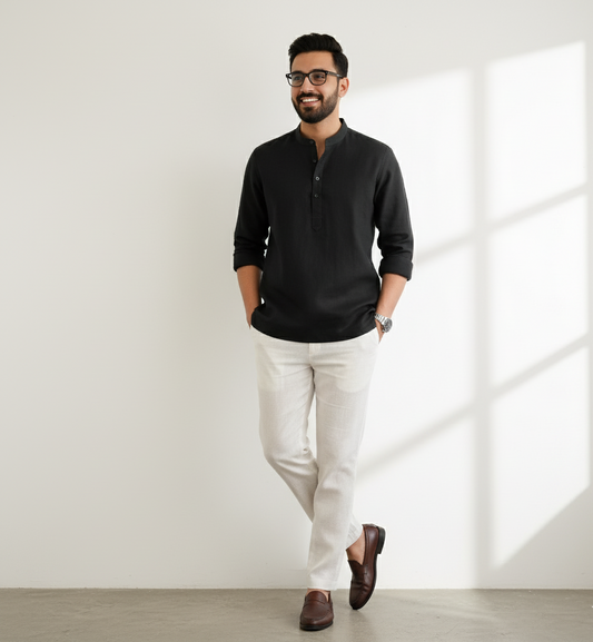 Black Band Collar Kurta Shirt
