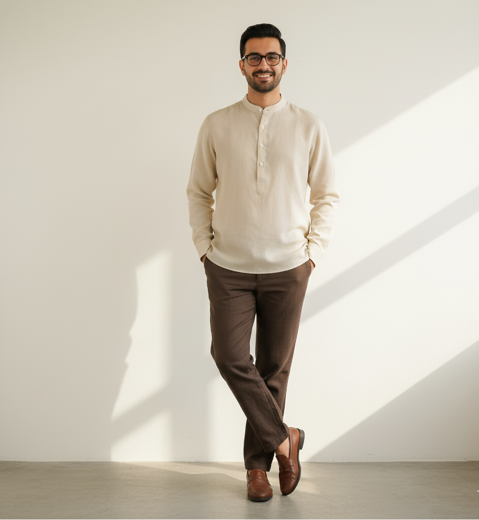 Beige Band Collar Kurta Shirt