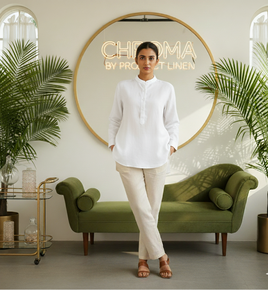 White Band Collar Kurta Shirt - Her's