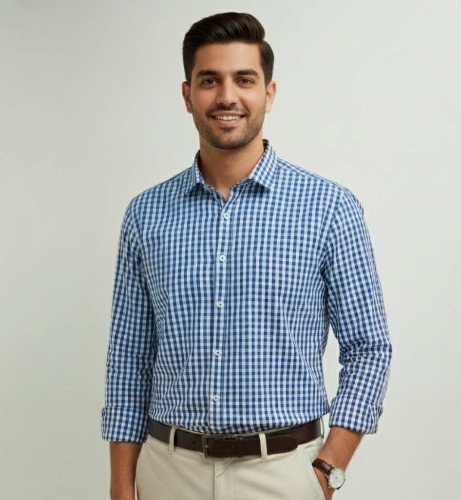 Royal Blue White Check Seersucker Linen Shirt