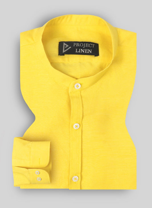 Yellow Band Collar Linen Shirt - Her's