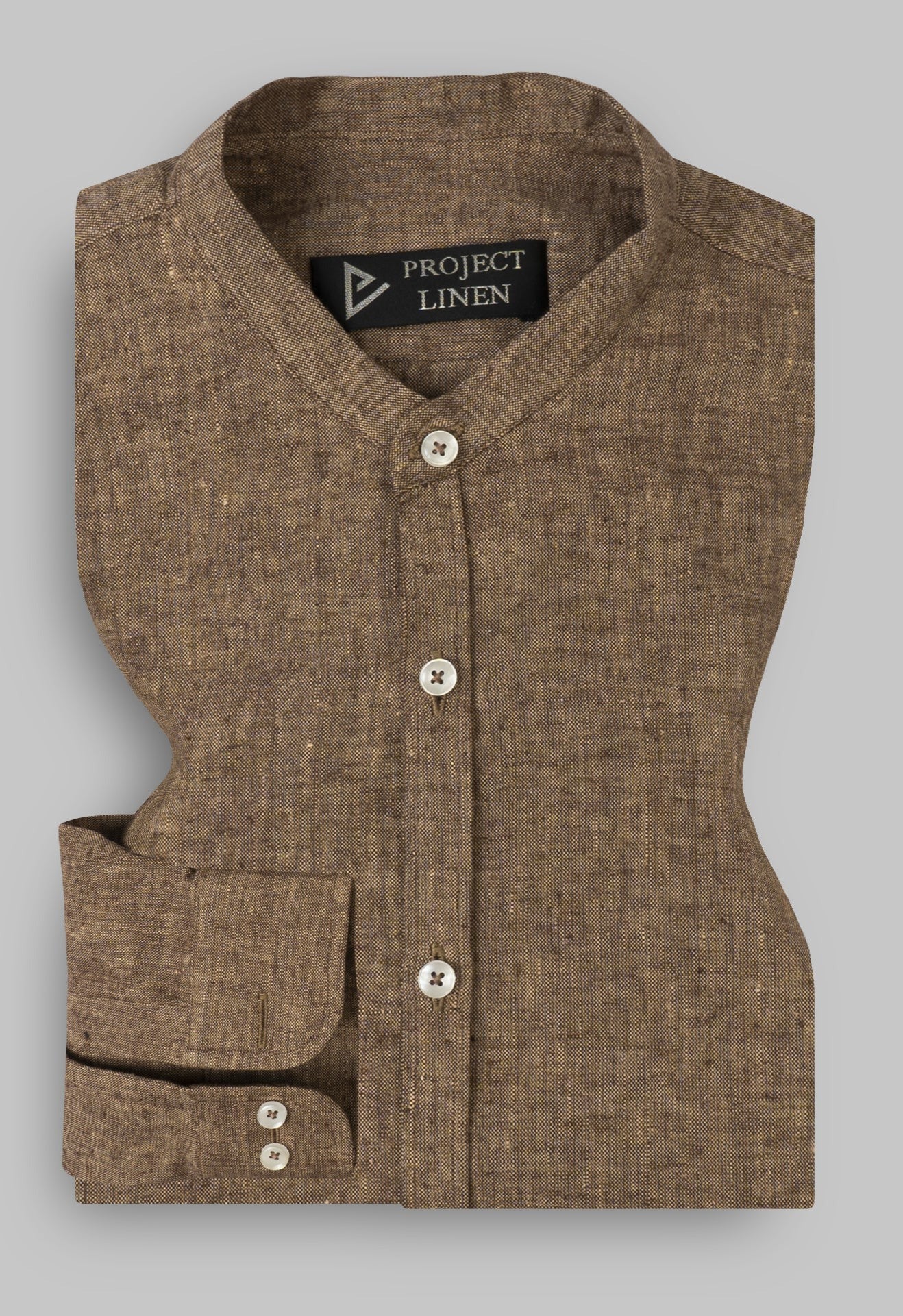 Brown Band Collar Linen Shirt