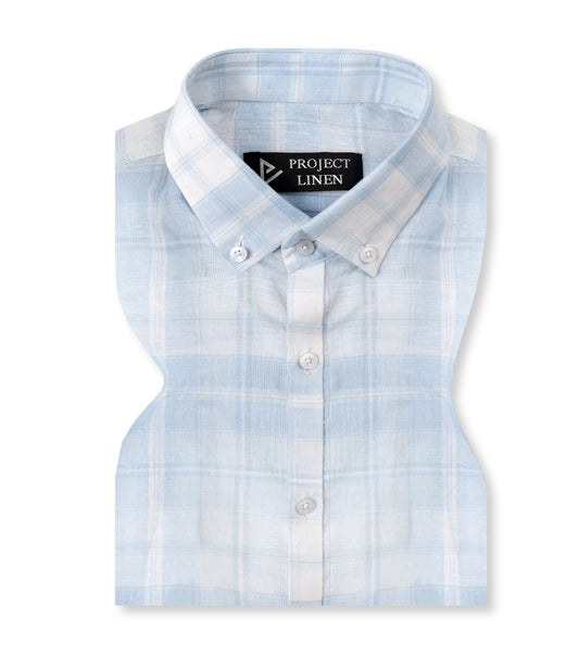 Blue Checkered Button Down Linen Shirt - Her's
